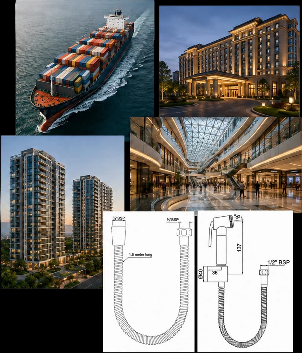 Cargo shipping, a luxury hotel, high-rise apartments and a commercial complex, with technical drawings of an Orvos hose and health faucet.