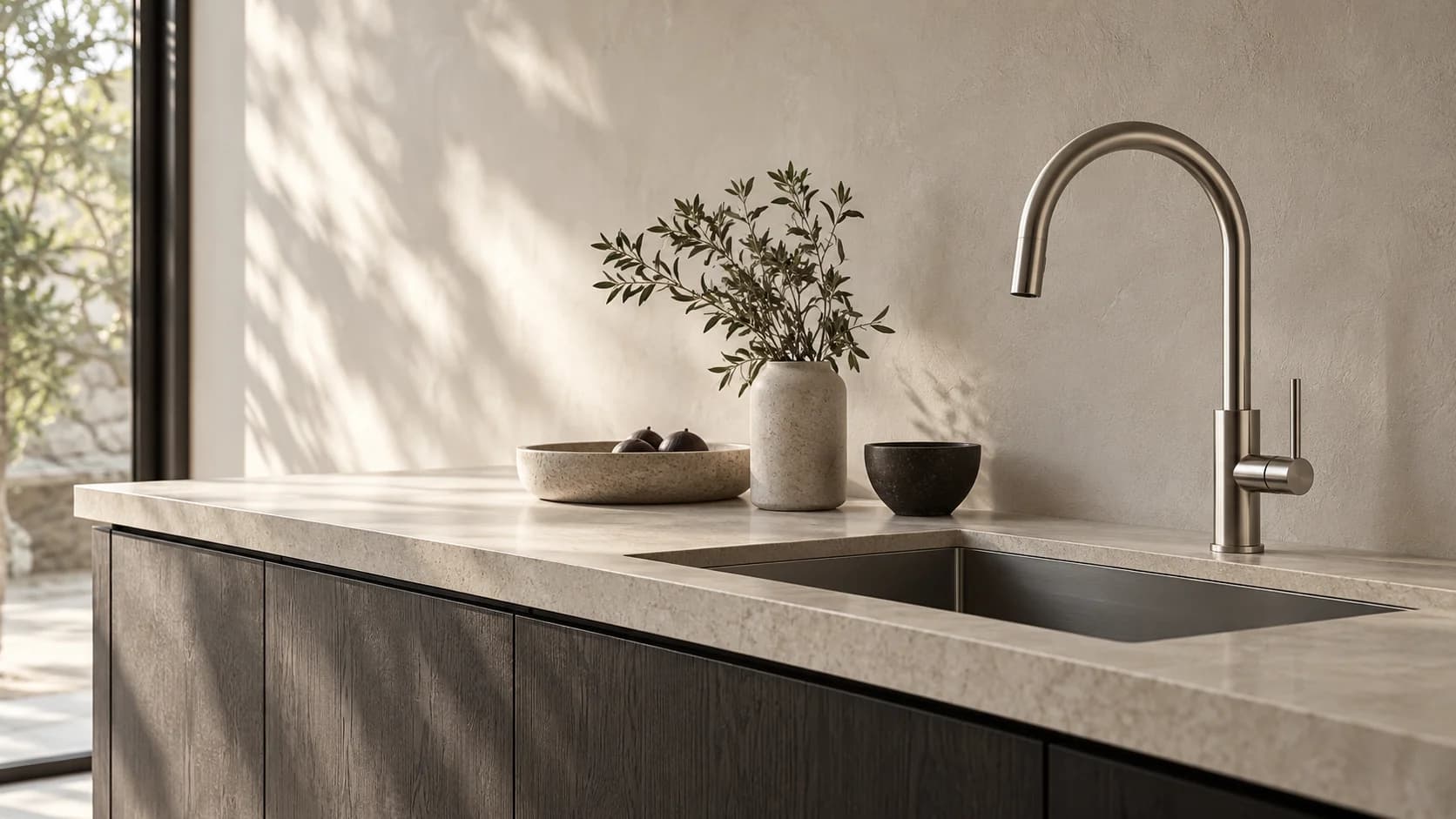 Chrome kitchen fitting beside a stone sink