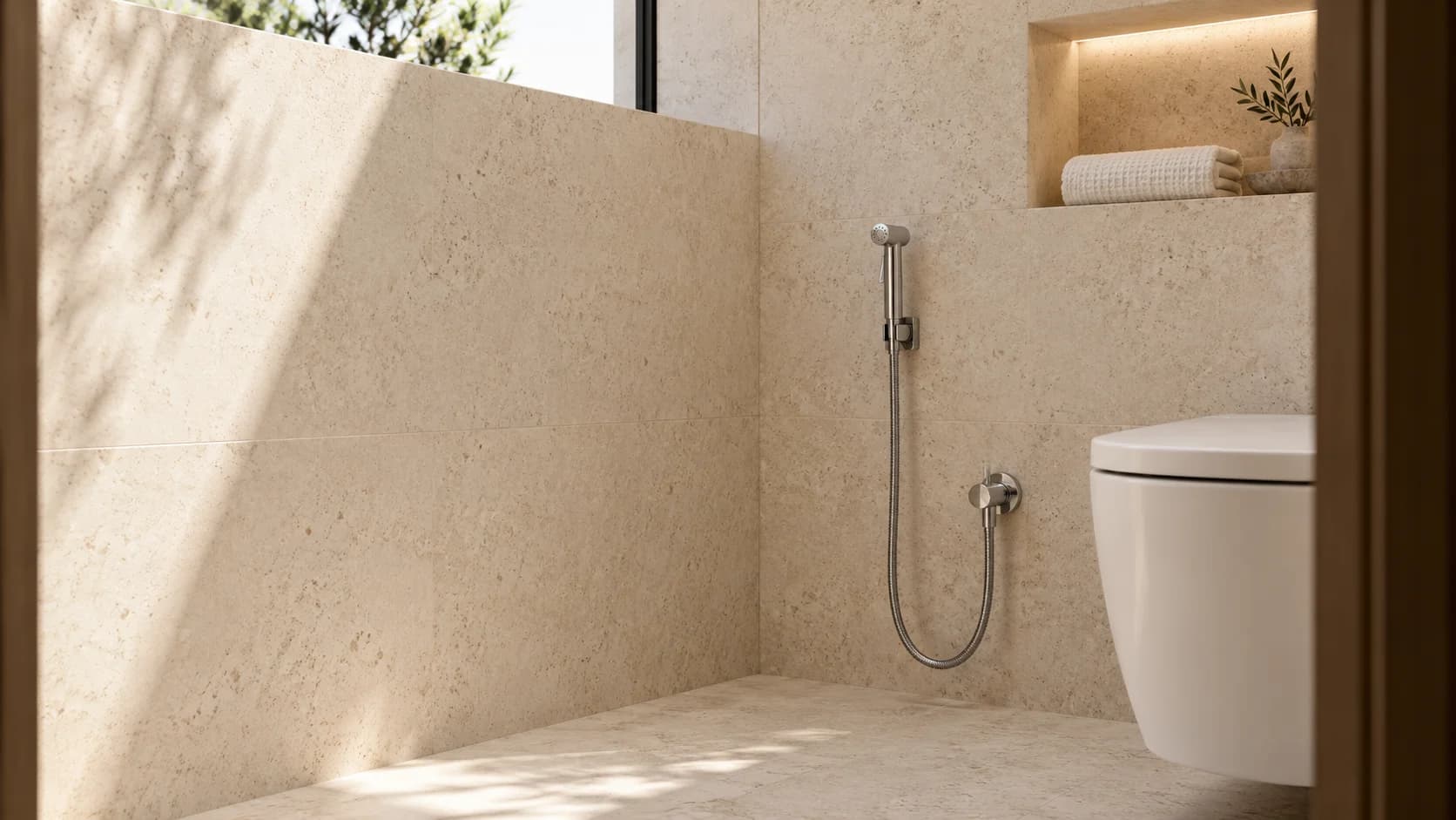 A contemporary bathroom with coordinated fixtures and warm materials