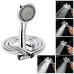 Hand shower multi-function 5 Modes, 4x4 inches, AquaGlow, Chrome plated with high grade Korean ABS material from LG,1.5 to 1.8 meter flexible shower hose and wall hook, for high end luxury bathrooms